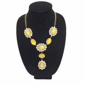 Pendant Necklace Earring Set Yellow Rhinestone Gold Tone Elegant Prom Jewelry